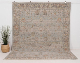 Alfombra turca de lana azul para sala de estar, alfombra oriental única, alfombra neutra, alfombra Oushak, alfombra grande para decoración bohemia.