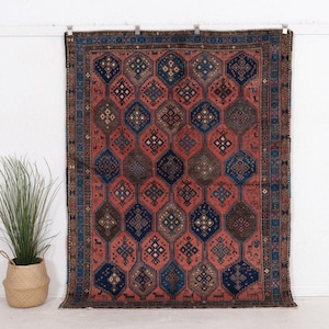 Vintage wollen vloerkleed 5 x 7, handgeweven | Roze marineblauwe antieke Perzische stijl, jaren 1930, keukenhal hal boho decor, 5'5" x 7'1"