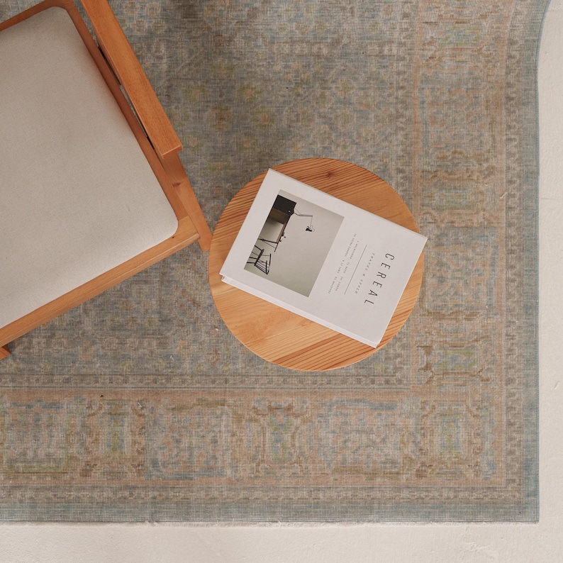 Turkish Wool Rug 8x10 Machine-woven, Blue Beige | Oushak Area, Living Room Bedroom Farmhouse Decor, 7'11" x 9'11" image 9