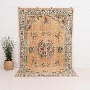 6x9 Orange Vintage Turkish Handwoven Rug | Orange Wool Area Rug, Unique Oriental Oushak Carpet, Antique Carpet for Interior Design
