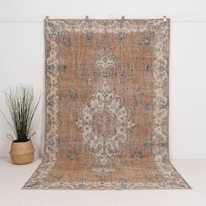 6x10 Orange Vintage Turkish Handwoven Rug | Orange Wool Area Rug, Unique Oriental Oushak Carpet, Antique Carpet for Interior Design