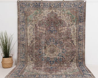 7x10 Red Vintage Turkish Handmade Rug | Red Wool Area Rug for Kitchen & dining, Unique Oriental Oushak Rug, Antique Rug for Farmhouse Decor