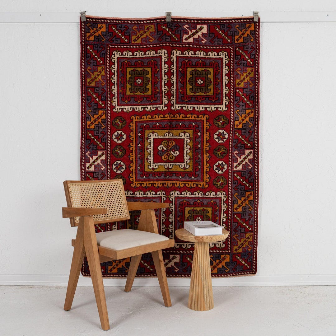 Red Kuwait Rug 4x6 Red Oriental Rug, Vintage Turkish Rug, Handmade, Wool - Red Area ...