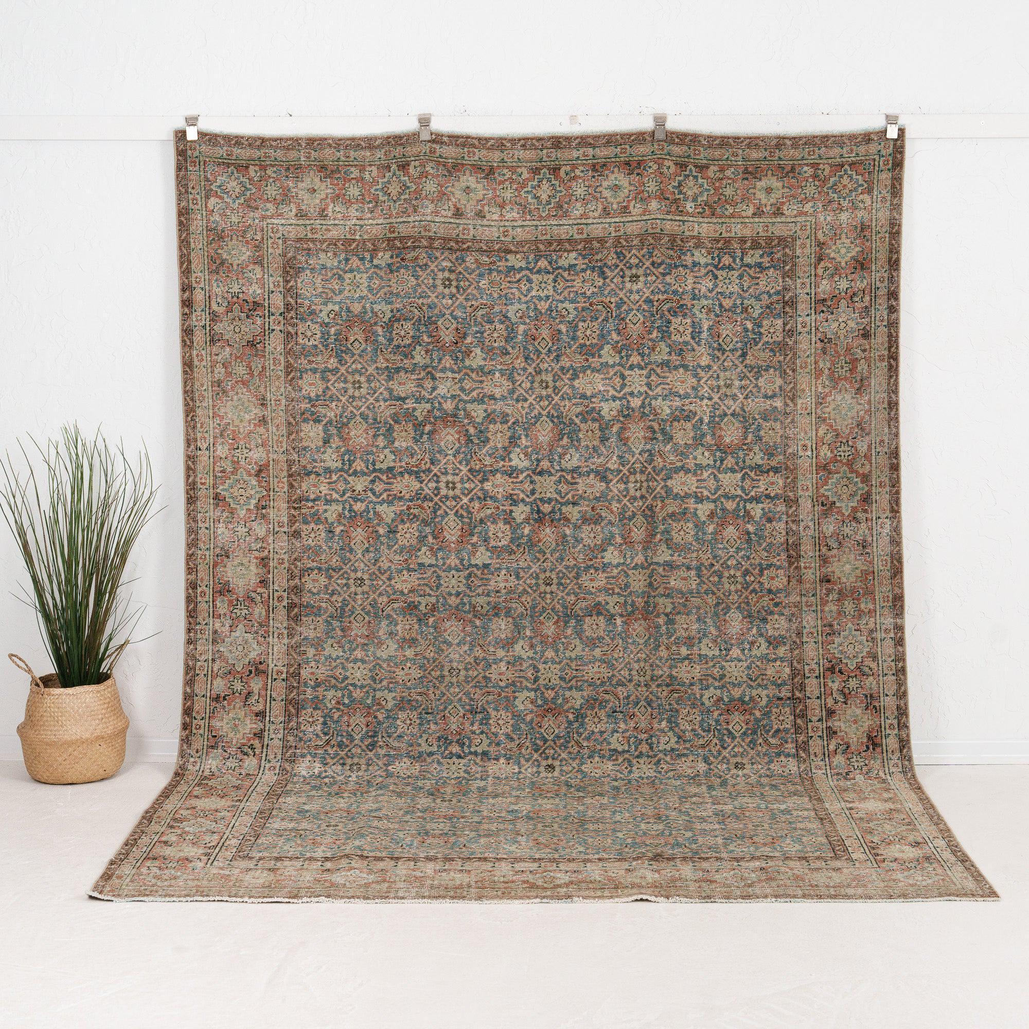 Tappeto persiano vintage blu 8x11, tappeto annodato a mano / tappeto in lana marrone per soggiorno, tappeto orientale unico, tappeto antico per l'arredamento della casa