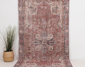 5x9 Red Vintage Turkish Handwoven Rug | Red Wool Area Rug for Entryway, Unique Oriental Oushak Carpet, Antique Carpet for Farmhouse Decor