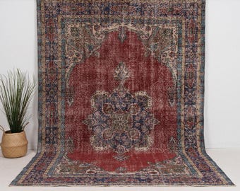 200x300 Roter Türkischer Handgewebter Teppich | Roter Wollteppich, Einzigartiger Orientalischer Oushak Teppich, Antiker Teppich für Inneneinrichtung