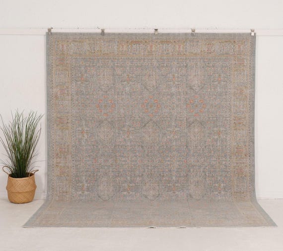 Turkish Wool Rug 8x10 Machine-woven, Blue Beige | Oushak Area, Living Room Bedroom Farmhouse Decor, 7'11" x 9'11"