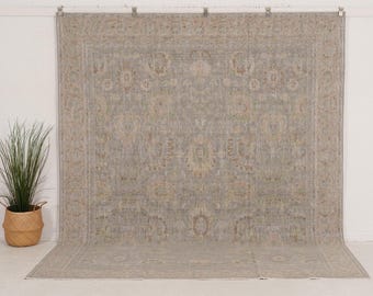 8x10 Blue Turkish Rug, Neutral Rug | Wool Area Rug for Living Room, Oriental Rug, Oushak Rug, Large Rug for Farmhouse Decor, 7'11 x 9'11