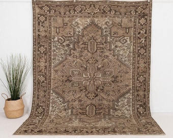 Alfombra vintage marrón de 7x9 pies, alfombra hecha a mano, alfombra de lana para dormitorio, alfombra oriental, alfombra antigua Oushak para decoración de estilo rústico, 6'9" x 9'0"