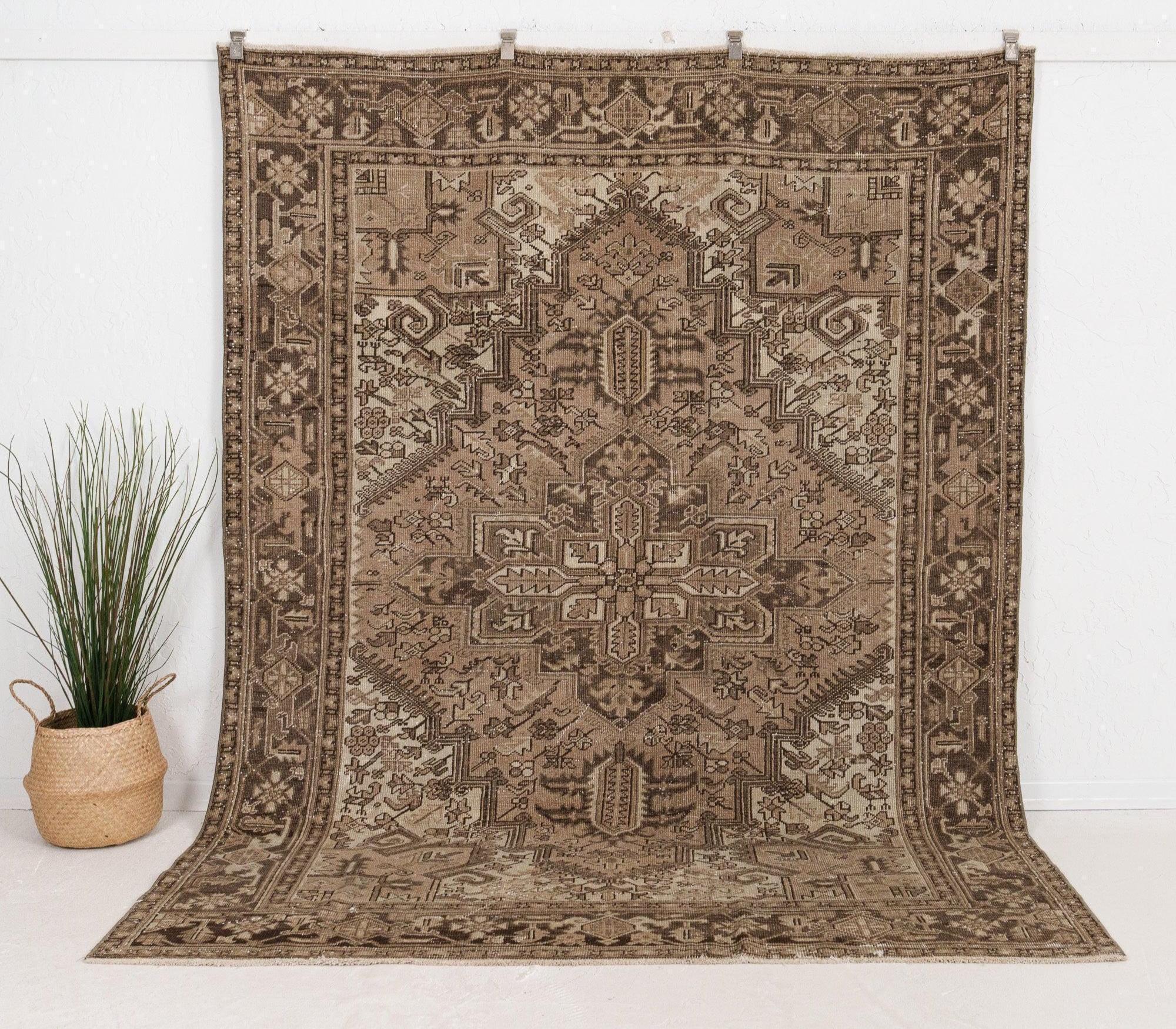 7x9 Brown Vintage Rug, Handmade Rug, Wool Area Rug for Bedroom