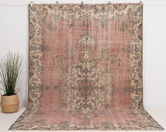 7x10 Beige Vintage Turkish Handmade Rug | Beige Wool Area Rug, Unique Oriental Oushak Rug, Antique Rug for Interior Design
