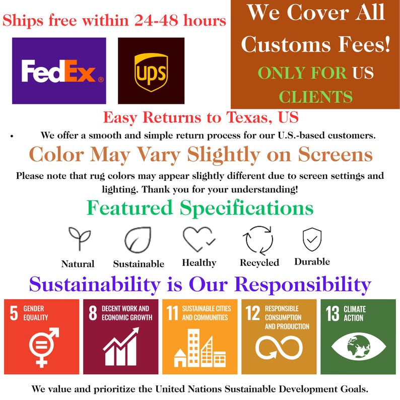 Puede incluir: Imagen con texto sobre env&iacute;o, devoluciones y sostenibilidad. Incluye logotipos de FedEx y UPS. El texto destaca caracter&iacute;sticas como "Natural", "Sostenible" y "Reciclado". La imagen tambi&eacute;n presenta iconos que representan los Objetivos de Desarrollo Sostenible de las Naciones Unidas.