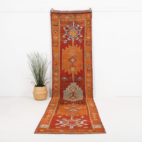 1970年代 トルコヴィンテージラグ ウールオレンジ幾何学模様ラグ ③