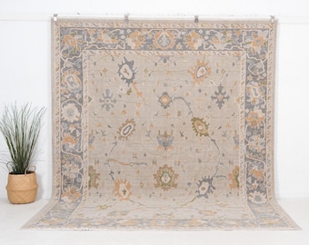 Tappeto turco in lana 8x10 / Beige neutro, arredamento rustico per soggiorno, sala da pranzo, 8'0" x 9'10"