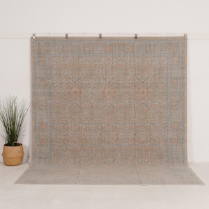 May include: A large rectangular area rug featuring a muted blue and soft peach-colored intricate floral pattern. The design includes a central medallion motif surrounded by a detailed border, all set against a neutral, light-toned background.