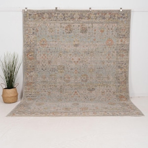 Turkish Area Rug | Blue Wool Area Rug for Living Room, Unique Oriental Rug, Neutral Rug, Oushak Rug, Large Area Rug for Boho Decor