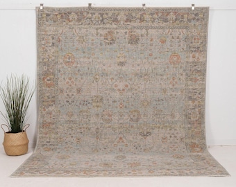 Turkish Area Rug | Blue Wool Area Rug for Living Room, Unique Oriental Rug, Neutral Rug, Oushak Rug, Large Area Rug for Boho Decor