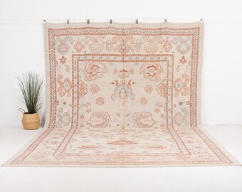 10x14 Soft Oushak Rug - Beige, Red - Vintage, Turkish, Oriental - Wool Rug for Living Room - Oversize - Neutral Rug - 9'10" x 14'1"