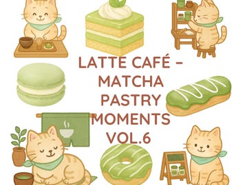 Clip art de gato matcha kawaii: dulces japoneses, acuarela PNG (descarga digital)