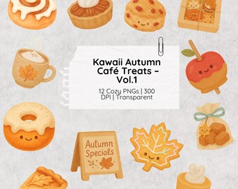 Clip Art de Delicias de Café de Otoño Kawaii: Pastelería de Acuarela PNG (Descarga Digital)