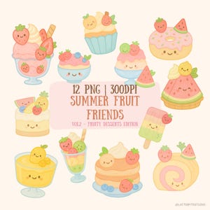 Clipart Fruits d'été Kawaii – Ensemble PNG Desserts fruités | 12 pastels PNG | Stickers aquarelle nourriture mignonne | Transparent 300 ppp