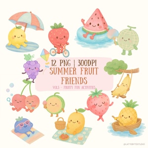 Kawaii Summer Fruit Friends Vol.3 – Fruity Fun Activities Clipart, Cute Watercolor Fruit PNG, Pastel Summer Sticker Pack, Digital Download