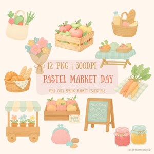 Pastell Markt Tag Bundle - Kawaii Frühling Markt PNGs | Gemütlicher Obststand, Brotstand, Blumenwagen, Einkaufstasche | Bauernmarkt PNG