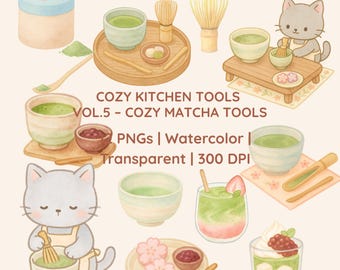 Paquete de imágenes prediseñadas de té matcha kawaii: Té verde japonés en acuarela PNG (descarga digital)