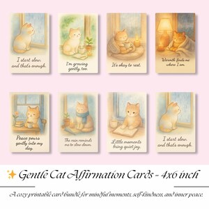Affirmatiekaarten voor zachte kat – gezellige afdrukbare set van 4 x 6 | Zelfzorgcitaten | Kawaii kattenkunst | Direct downloaden | Afdrukbare bevestigingskaarten