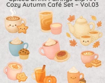 Kawaii herfstdrank clipartbundel: cafétraktaties, png-afbeeldingen (digitale download)
