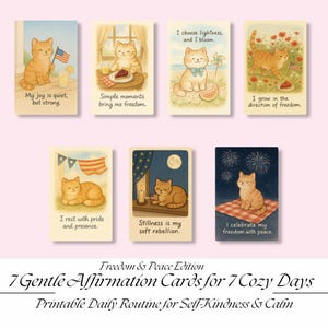 Kattenbevestigingskaarten – Freedom & Peace-editie | 7-daagse afdrukbare citaten voor 4 juli, zelfzorg, gezellige kattenkunst, onafhankelijkheidsdecor, kaarten