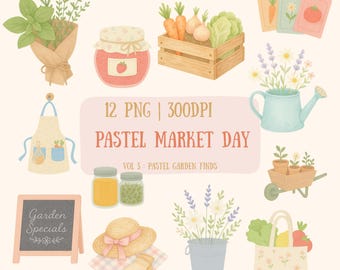 May include: A pastel illustration featuring garden-themed elements. Includes a wooden crate of vegetables, a jar of jam, a watering can with flowers, a wheelbarrow with plants, and a tote bag with produce. Text reads "PASTEL MARKET DAY".