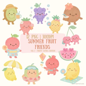 Kawaii Summer Fruit Friends Clip Art – Cute Watercolor Fruit PNG Bundle, Pastel Food Illustrations, Planner Stickers, 300 DPI