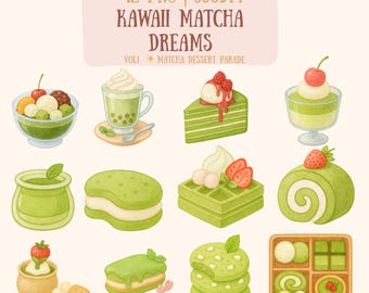 Postre Matcha Kawaii: Dulces de Té Verde en Acuarela (Descarga digital, 12 PNG, 300 DPI)