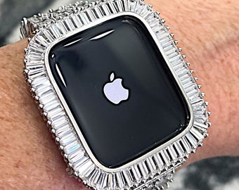 14k White gold Apple Watch case Baguette Lab Diamond Apple watch Case Apple Watch Cover Apple Watch cases Apple Watch bands Apple ultra