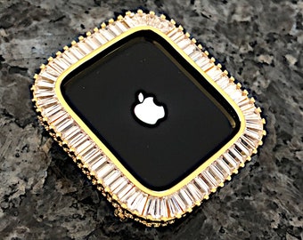 Apple Watch case Baguette Yellow Gold Lab Diamond Apple Watchk  Series 2,3,4,5,6,7,8,9,SE,Ultra Pave Bling 38,42,40,44,41,45,49mm ultra case