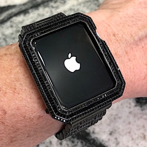 Carcasa de metal para Apple Watch con bisel de baguette negro y diamantes de laboratorio Serie 4, 5, 6, 7, 8, 9, SE Pavé Bling 40, 41, 44, 45 mm parachoques iPad iPhone