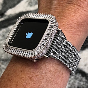 14k gp White gold Apple Watch Band and or Baguette Lab Diamond Apple Watch case bling cover Apple Watch cases bumper  Apple Watch bands