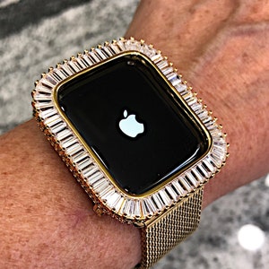 Yellow gold Sparkling Baguette Bezel Lab Diamond fully loaded Apple Watch Case Apple Watch Cover Metal Bling Ultra Apple Watch band