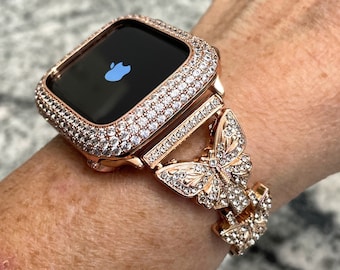 Rose Gold crystal Butterfly Apple Watch Band and or Lab Diamond Apple Watch case Bezel 38/40 42/44 41/45,49mm ultra Apple Watch bands