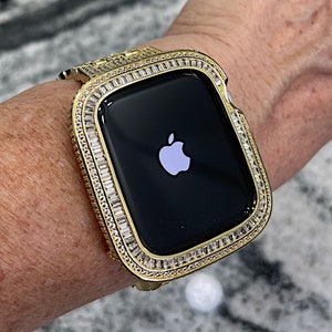 Yellow gold Bling Baguette Case Lab Diamond Apple Watch Case Cover Metal Series 4,5,6,7,8,SE 40,41,44,45mm bumper ipad iphone