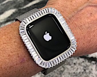 White Gold Sparkling Bling Baguette Bezel Only Lab Diamond Apple Watch Case Metal 38,40,42,44,41,45mm 49mm Ultra series 2,34,5,6,7,8,9,SE