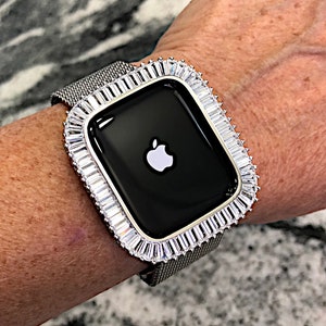 Or blanc scintillant scintillant avec lunette baguette et diamants de laboratoire, boîtier en métal pour Apple Watch, 40,44,41,45 mm, 49 mm, série Ultra 4,5,6,7,8,9, ch.