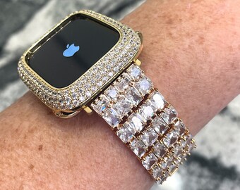 High end Super Sparkler Yellow gold Watch Band and or Lab Diamond Bezel Apple Watch case bling 40,44,41,45,49 Ultra Apple Watch case cover
