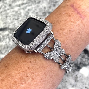 White Gold Beautiful crystal Butterfly Apple Watch Band and or Lab Diamond Apple Watch case Ultra Apple Watch bands Apple Watch faces
