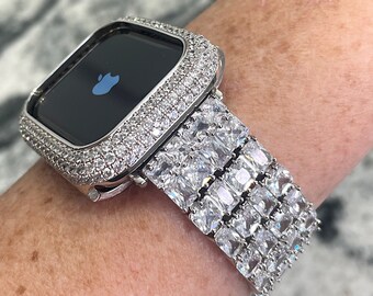 High end Super Sparkler White gold Watch Band and or Lab Diamond Bezel Apple Watch case bling 40,44,41,45,49 Ultra Apple Watch case cover