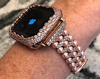 Rose Gold Pearl and crystal Apple Watch Band and or Lab Diamond Bezel Iwatch band bling case cover 38,40,42,44mm Series 1,2,3,4,5,6,SE