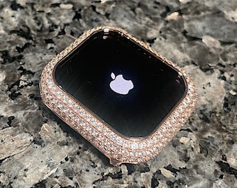 Estuche para Apple Watch con diamantes de laboratorio en oro rosa, metal con micropavé y parachoques brillante de 40 mm a 49 mm Ultra. Estuche para Apple Watch. Estuche para Apple Watch. Cubierta para Apple Watch.