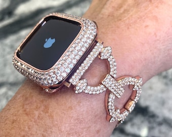 Rose Gold Apple Watch Band and or Lab Diamond Bezel Case bumper Iwatch band bling bumper Apple Watch case covers Ultra Apple Watch bands