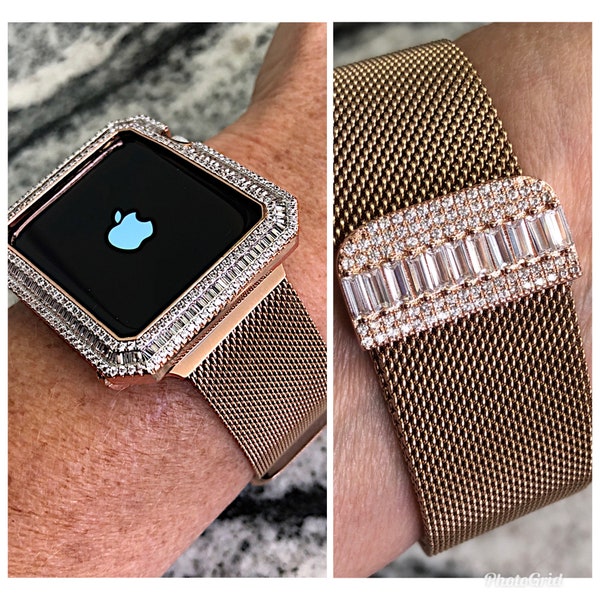 Rose Gold Baguette Lab Diamond Milanese loop Apple Watch Band and or Apple Watch case bling 40,41,44,45mm case cover Series 4,5,6,7,8,9,SE